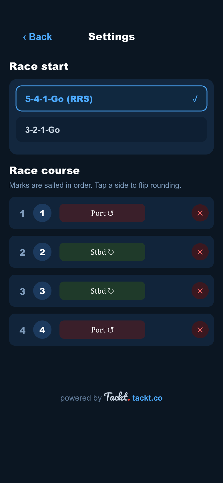 Tackt Racing course setup with marks and rounding sides