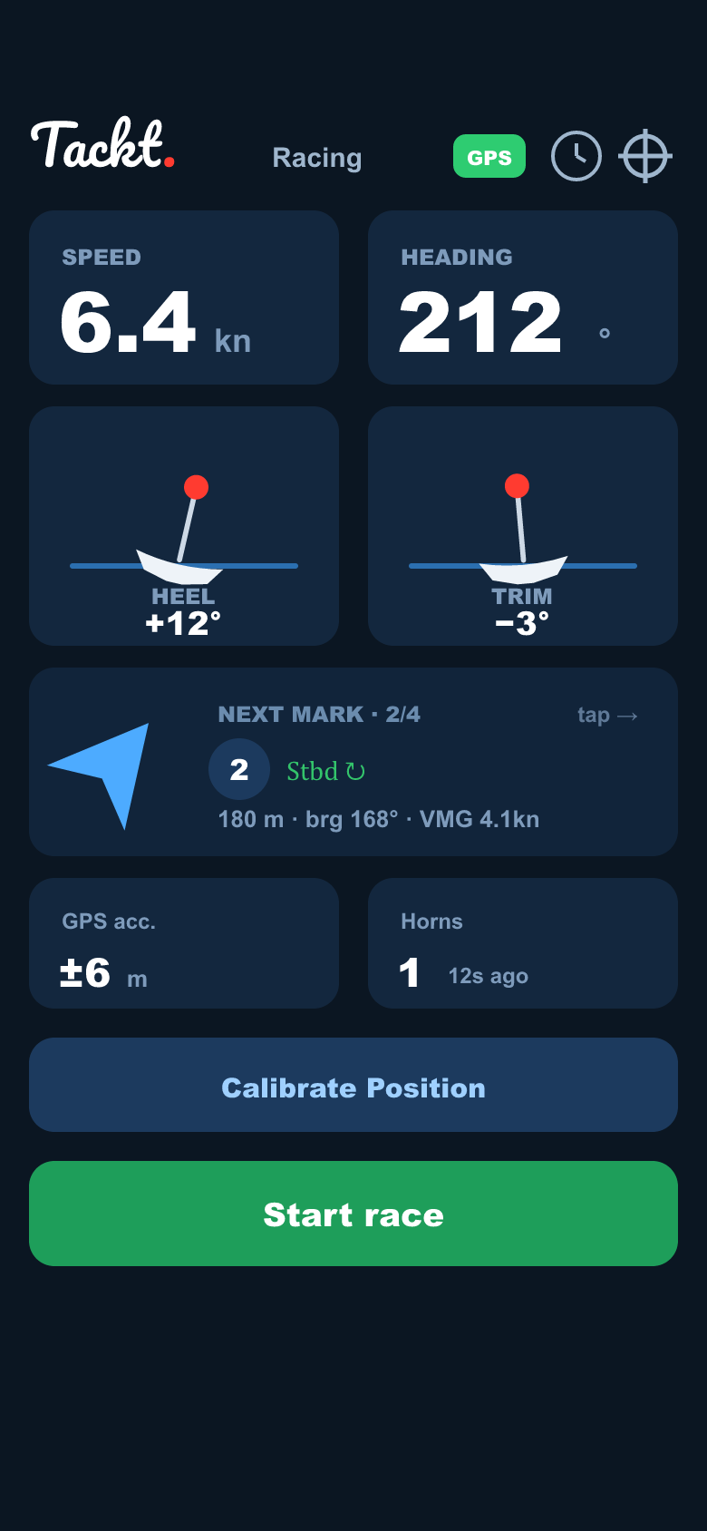 Tackt Racing live race screen with speed, heel, trim and next mark