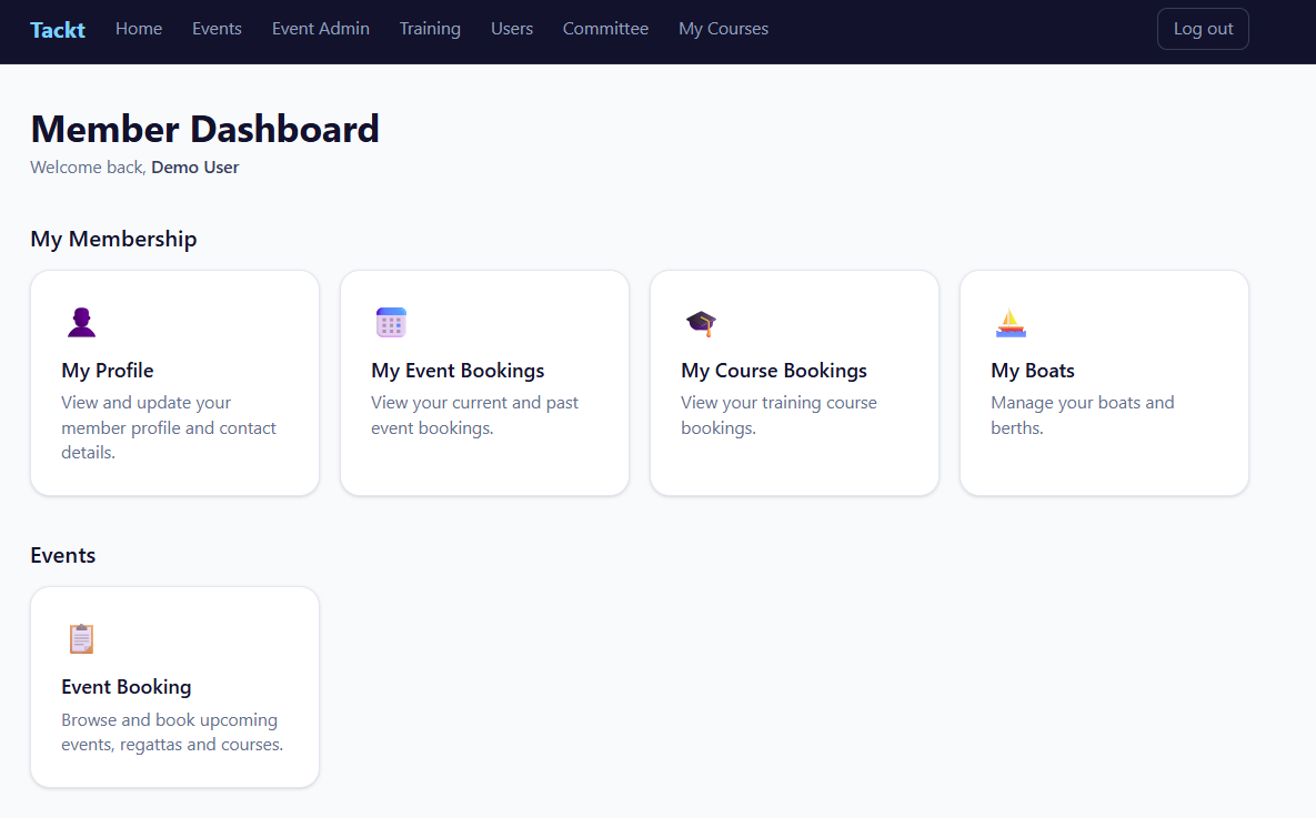 Tackt member dashboard with profile, bookings and boats
